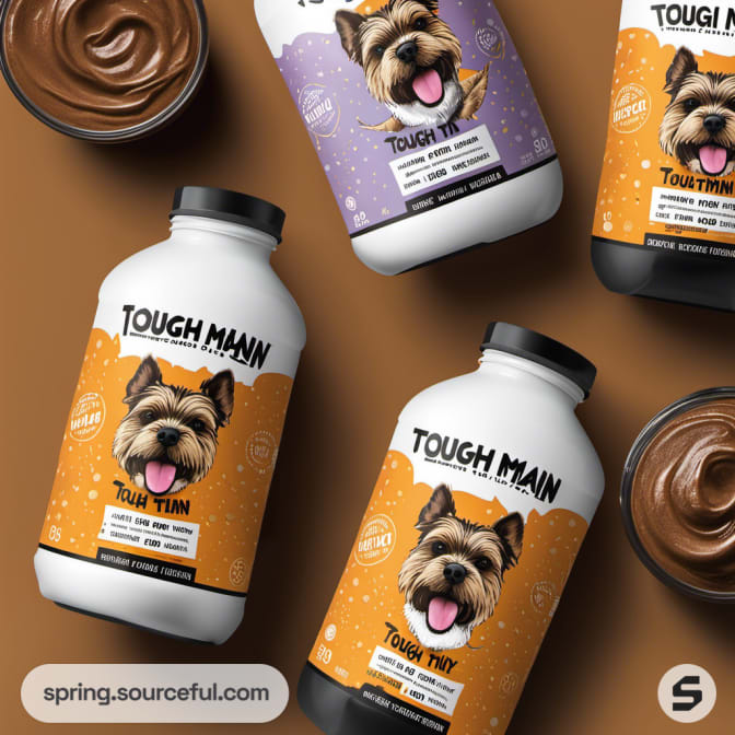 Bottles with cartoon dog, flavored protein shake packaging.