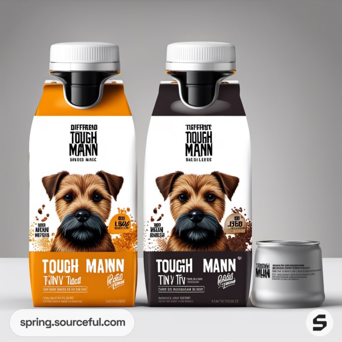 Carton packs with cartoon dog, protein drink packaging.