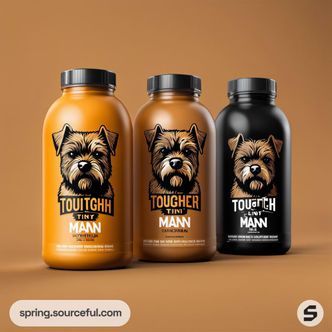 Amber and black bottles with cartoon dog, health beverage packaging.