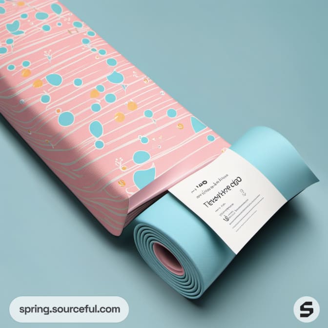 Close-up of a rolled yoga mat with pastel packaging and abstract design.