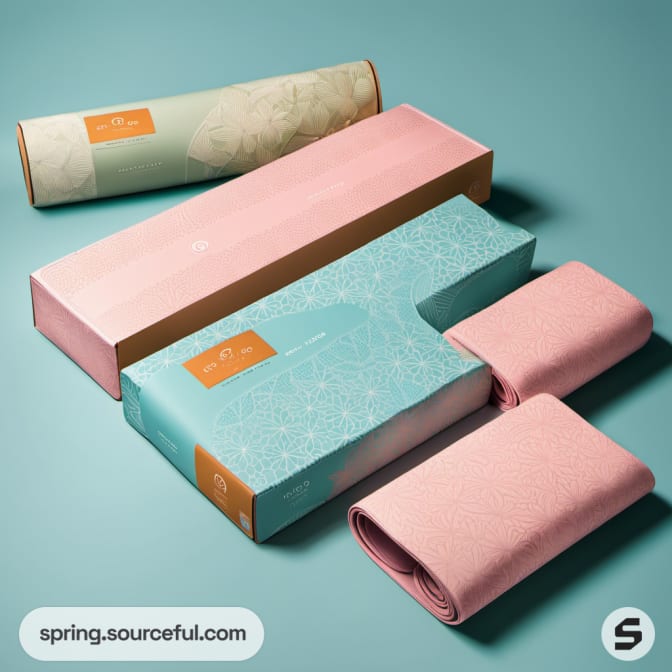 Various pastel colored yoga mats and packaging.