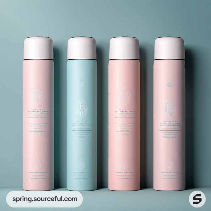 Four pastel spray bottles with minimalist design on a blue background.