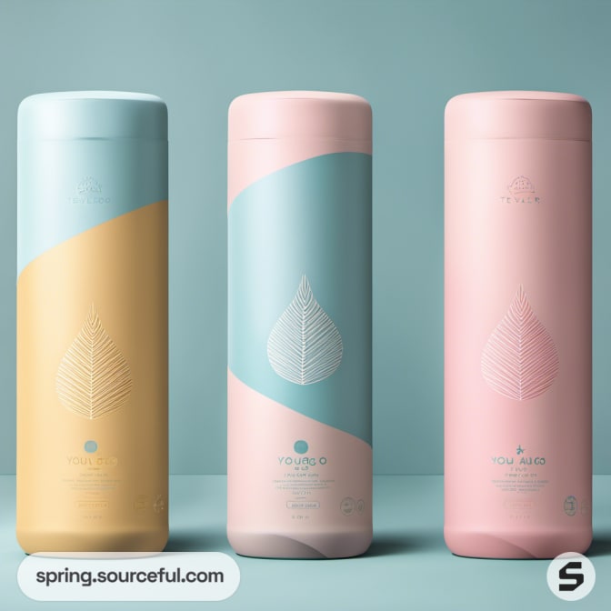 Three cylindrical containers with pastel and geometric leaf patterns.