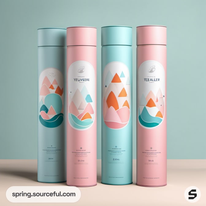 Four pastel cylindrical containers with mountain designs.