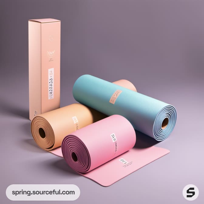 Three rolled yoga mats in pastel colors with packaging.