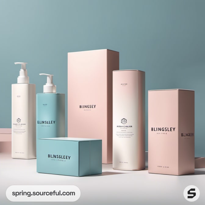 Assorted pastel boxes and bottles for Blingsley products in pink and blue.