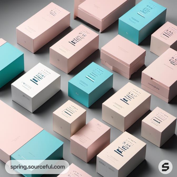 Top view of numerous pink, blue, and white Blingsley boxes.