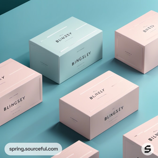 Close-up of Blingsley logos on blue and pink boxes on teal surface.