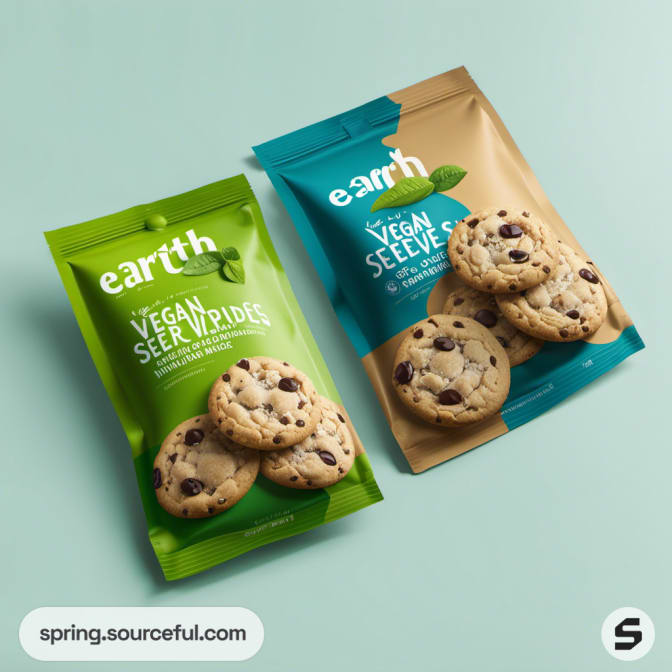 Green and brown cookie packs with chocolate chip cookies on a green background.