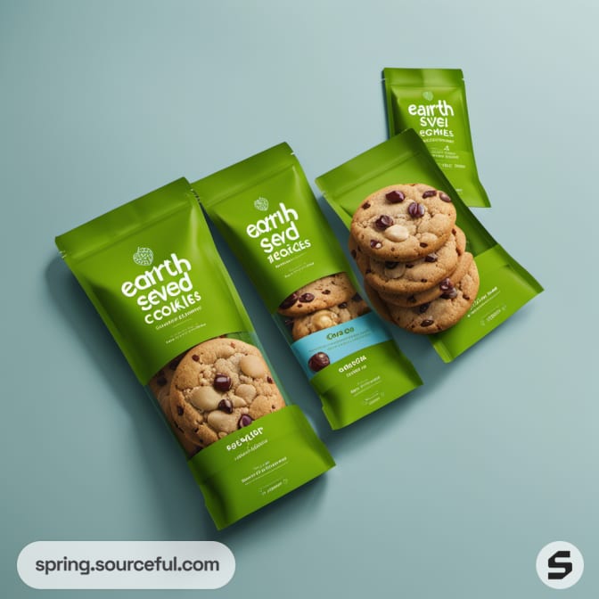 Assortment of green cookie packs with cookies displayed on a blue surface.