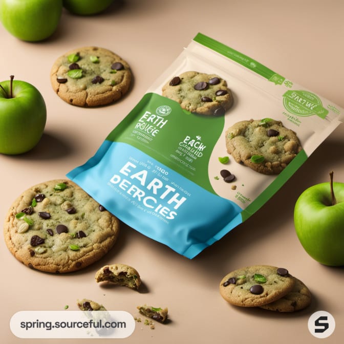 Blue and green resealable cookie pack with displayed cookies and green apples.