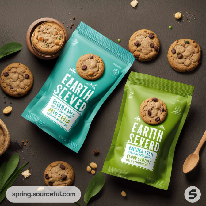 Two cookie packs on a dark surface with scattered cookies and chocolate chips.
