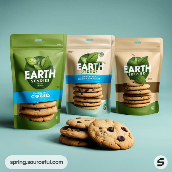 Three resealable cookie packs with displayed cookies on a teal background.