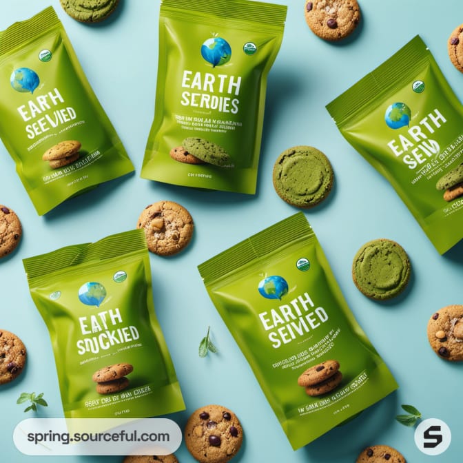 Multiple green cookie packs with chocolate chip cookies on a light blue surface.