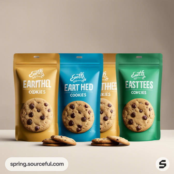 Assorted cookie packs in green, blue, and yellow with chocolate chip cookies.