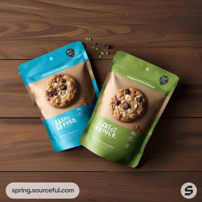Two brown and blue cookie packs on a wooden background.