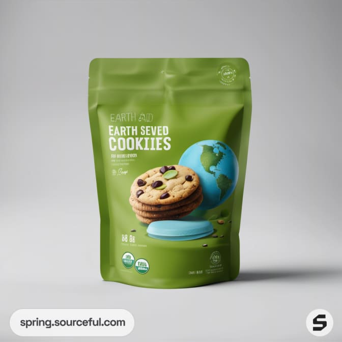 Green cookie pack with earth globe design on a gray background.