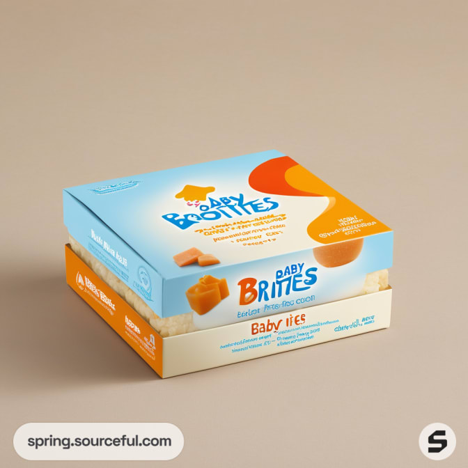 Orange and blue baby food boxes on a beige background.