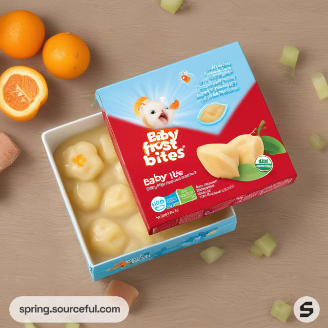 Red and blue box of baby food with a bowl of fruit bites.
