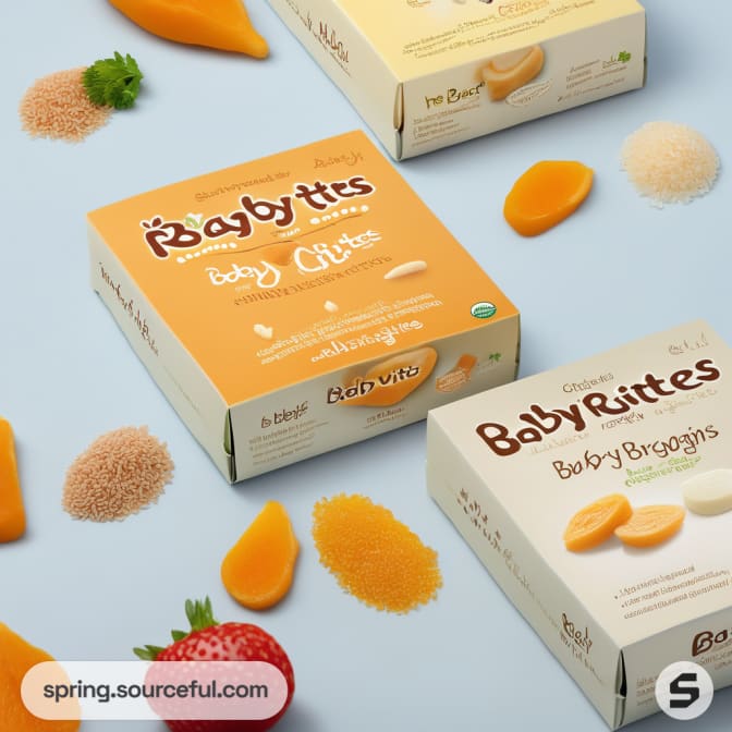 Two boxes of baby snacks with fruit illustrations on a blue background.