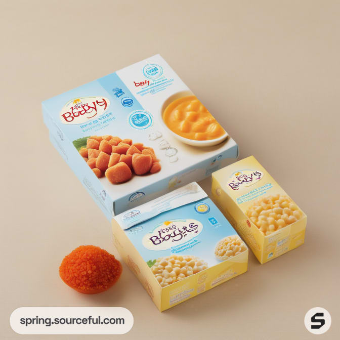 Boxes of baby snacks with a small bowl of snacks on a beige background.