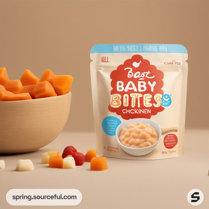Pouch of chicken baby bites with a bowl and cubes around it.