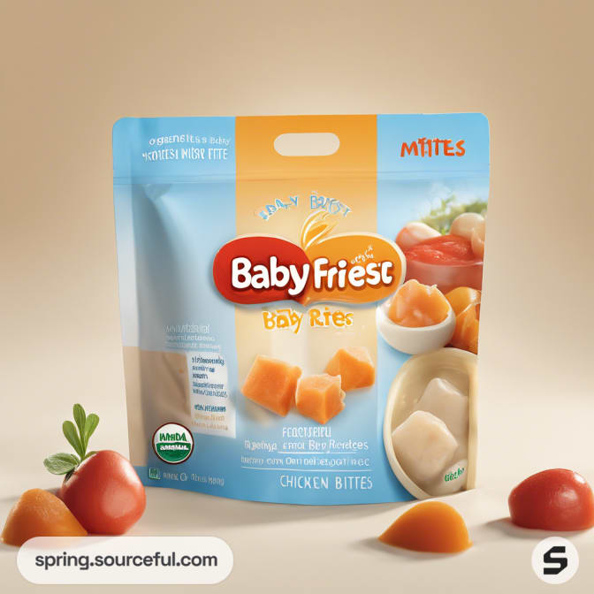 Pouch of chicken bites with images of vegetables and bites.