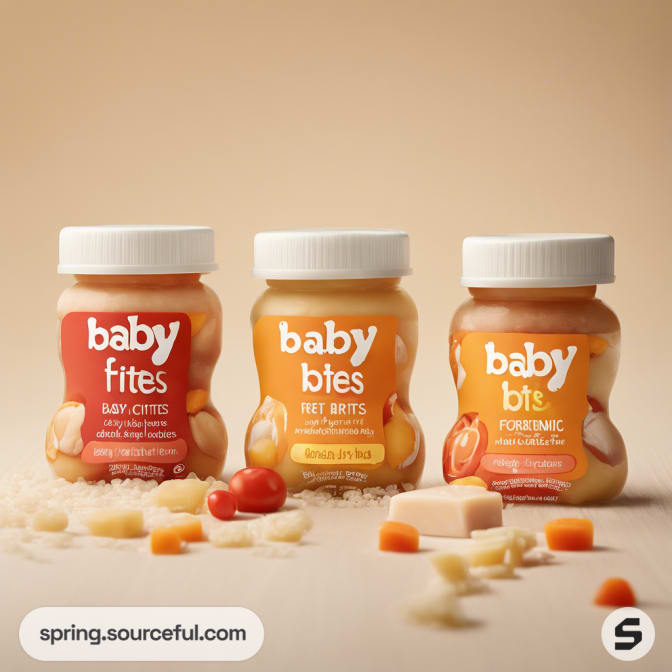 Three jars of baby food with fruit around them on a beige background.