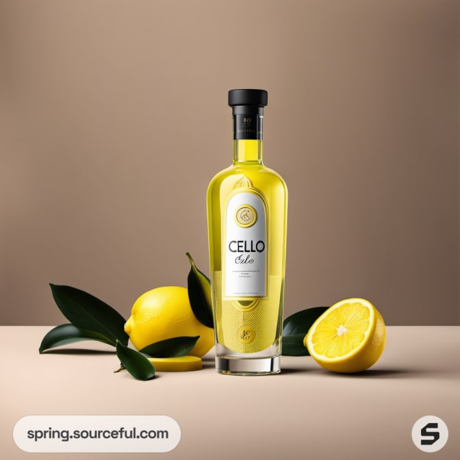 Elegant yellow bottle of Cello liqueur with lemons and leaves on a neutral background.