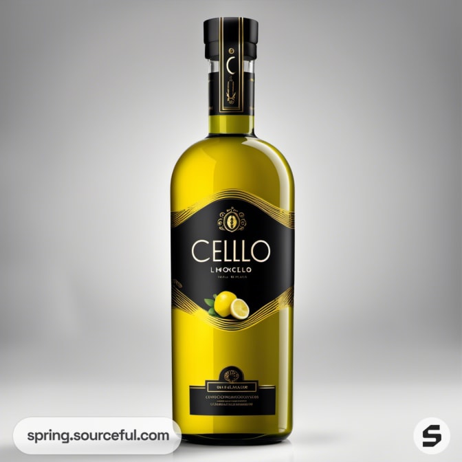 Green glass bottle with black and gold label, featuring lemon graphics, against a soft gray background.