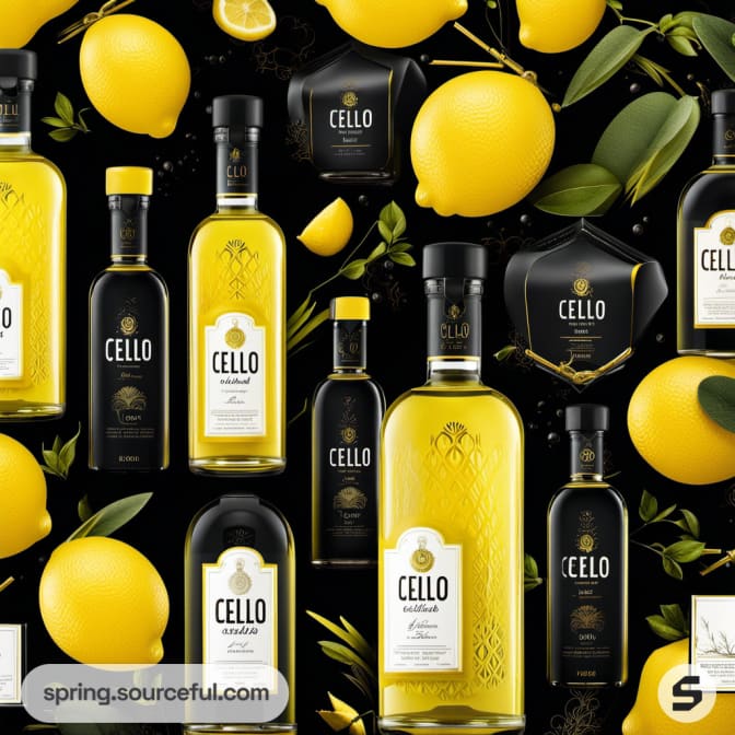 Assorted yellow and black Cello liquor bottles with lemons and leaves on a black background.