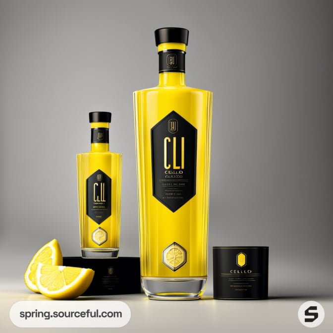 Tall glass bottle with yellow liquid, black cap, and label; sliced lemons beside it on a reflective surface.