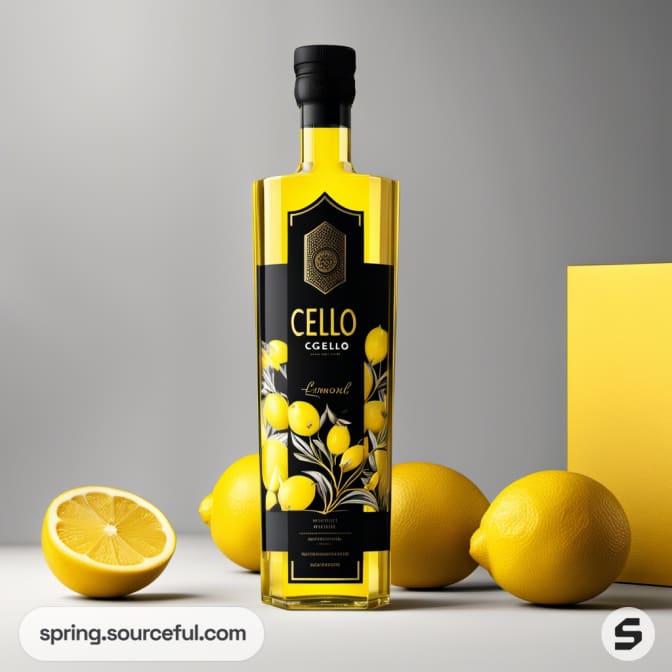 Yellow liquor bottle with lemons and a black label, set against a gray background with whole and half lemons for decoration.