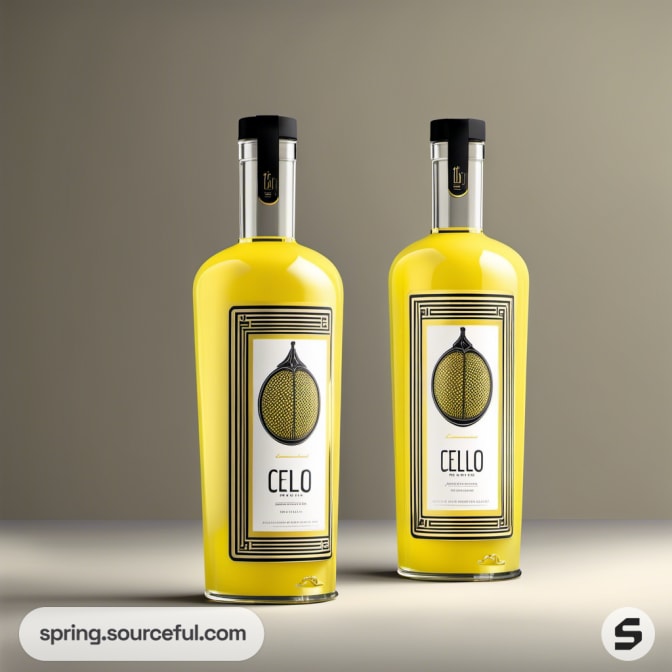 Two bottles of yellow beverage with fig design on labels, against a neutral background.