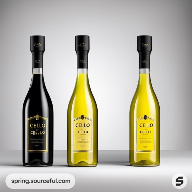 Three wine bottles with black and yellow labels against a gray background.