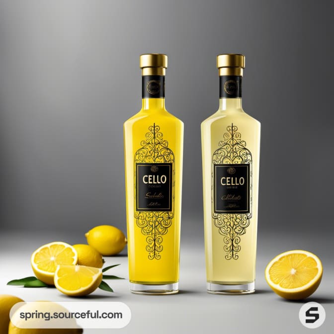 Two elegant bottle designs with ornate labels containing yellow and white drinks, surrounded by fresh lemons on a grey backdrop.