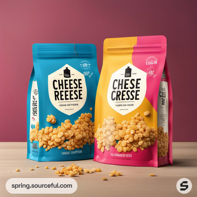 Blue and pink resealable pouches with cheese snacks, labeled Cheessee Reessee and Chessse Cresse.