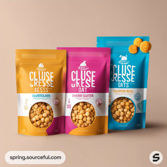 Three resealable pouches with cheese snack balls; colors are orange, pink, and blue.