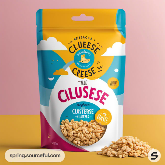 Colorful snack pouch labeled Cluesee Creese with cheese clusters.