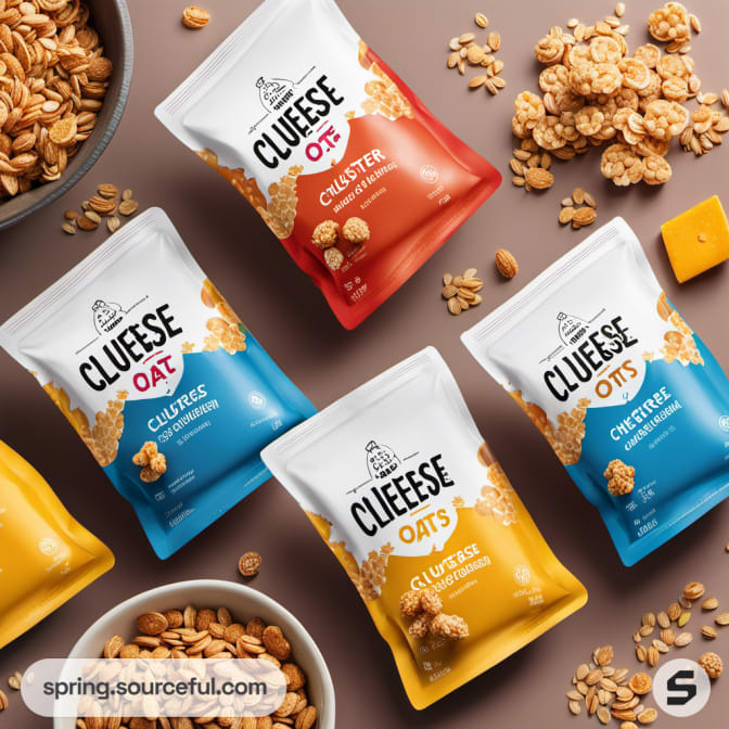 Assorted colorful snack pouches with oats and cheese clusters.