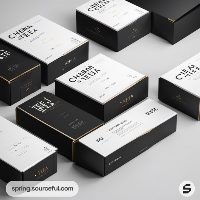 Black and white tea boxes with minimalist design.
