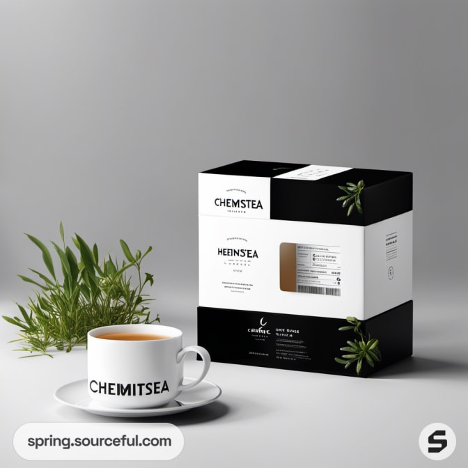 Tea box with cup and green plant on grey background.