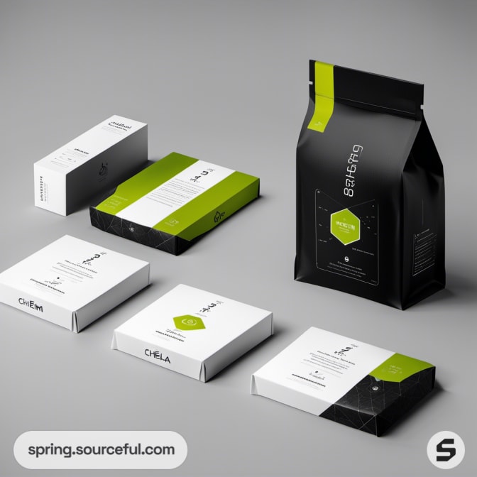 Green and black tea bags and white boxes.