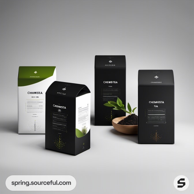 Black and green tea packages and loose tea leaves.