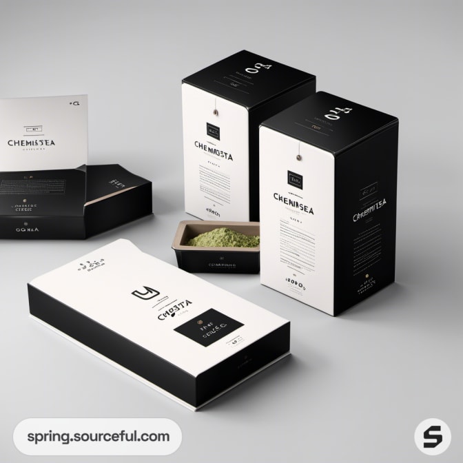 Black and white tea packages with clean design.