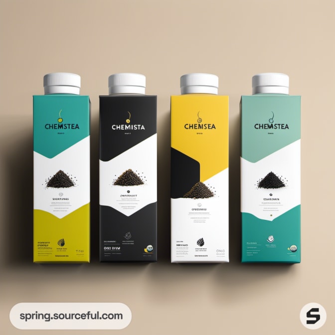 Colorful tea cartons with tea leaf graphics.