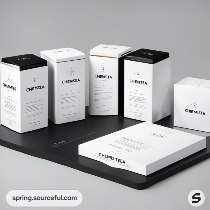 White and black square tea boxes with minimalist text.