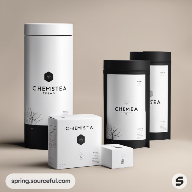 White cylindrical tea canister with black tea bags.
