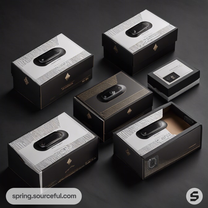 Black and gold tech product packaging in various box sizes on a dark surface.