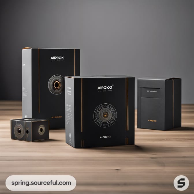 Elegant black packaging with gold accents for electronic devices on wooden background.